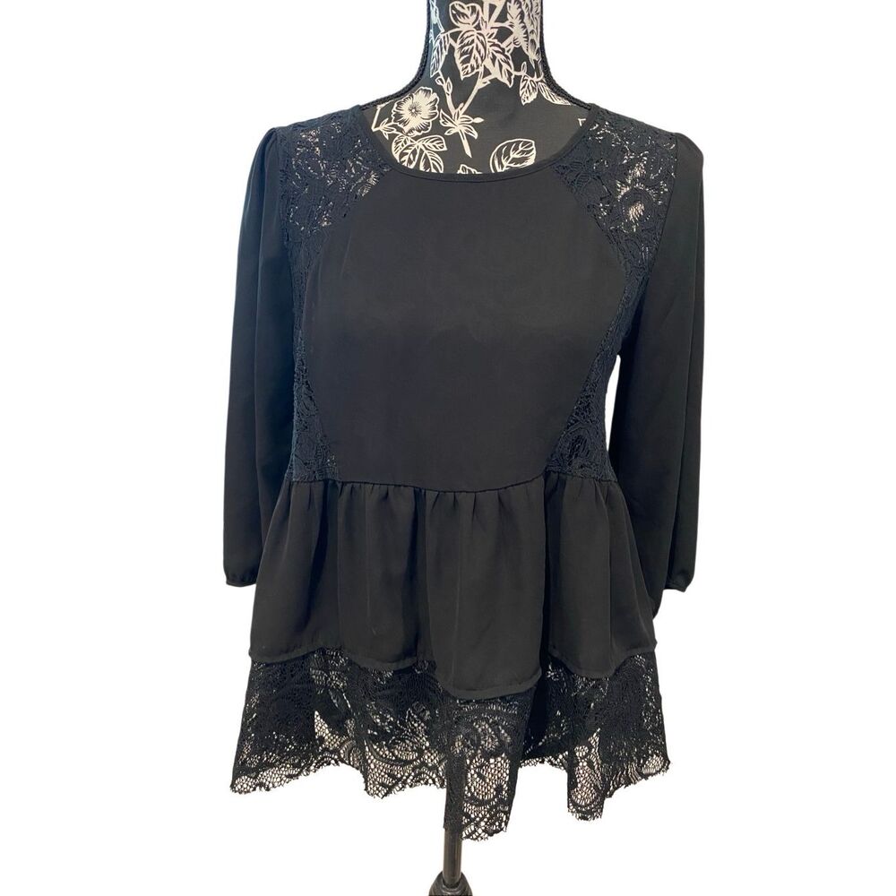 Black Lace Peplum Blouse Sheer Sleeve Boho Romantic Babydoll Top Workwear Casual